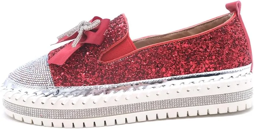 Women's Fashion Rhinestone Slip On Sneakers Casual Comfort Platform Walking Shoes Cute Bowknot Glitter Bling Loafers