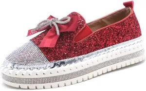 Women's Fashion Rhinestone Slip On Sneakers Casual Comfort Platform Walking Shoes Cute Bowknot Glitter Bling Loafers