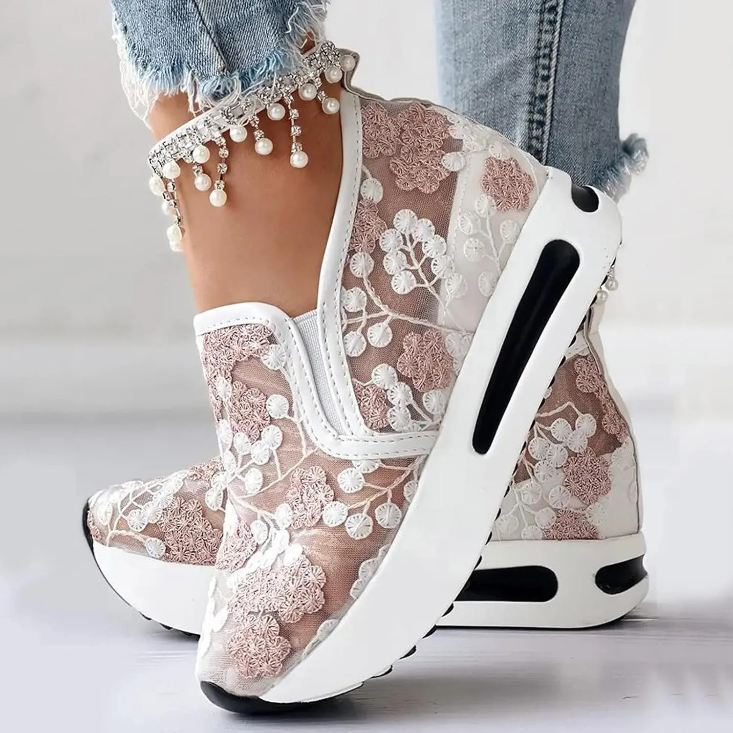 Women's Fashion Sneakers Mesh Floral Embroidery Platform Sneakers for Women 2024 Breathable Walking Shoes Comfortable Casual Wedge Slip On Work Shoes