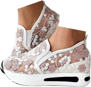 Women's Fashion Sneakers Mesh Floral Embroidery Platform Sneakers for Women 2024 Breathable Walking Shoes Comfortable Casual Wedge Slip On Work Shoes