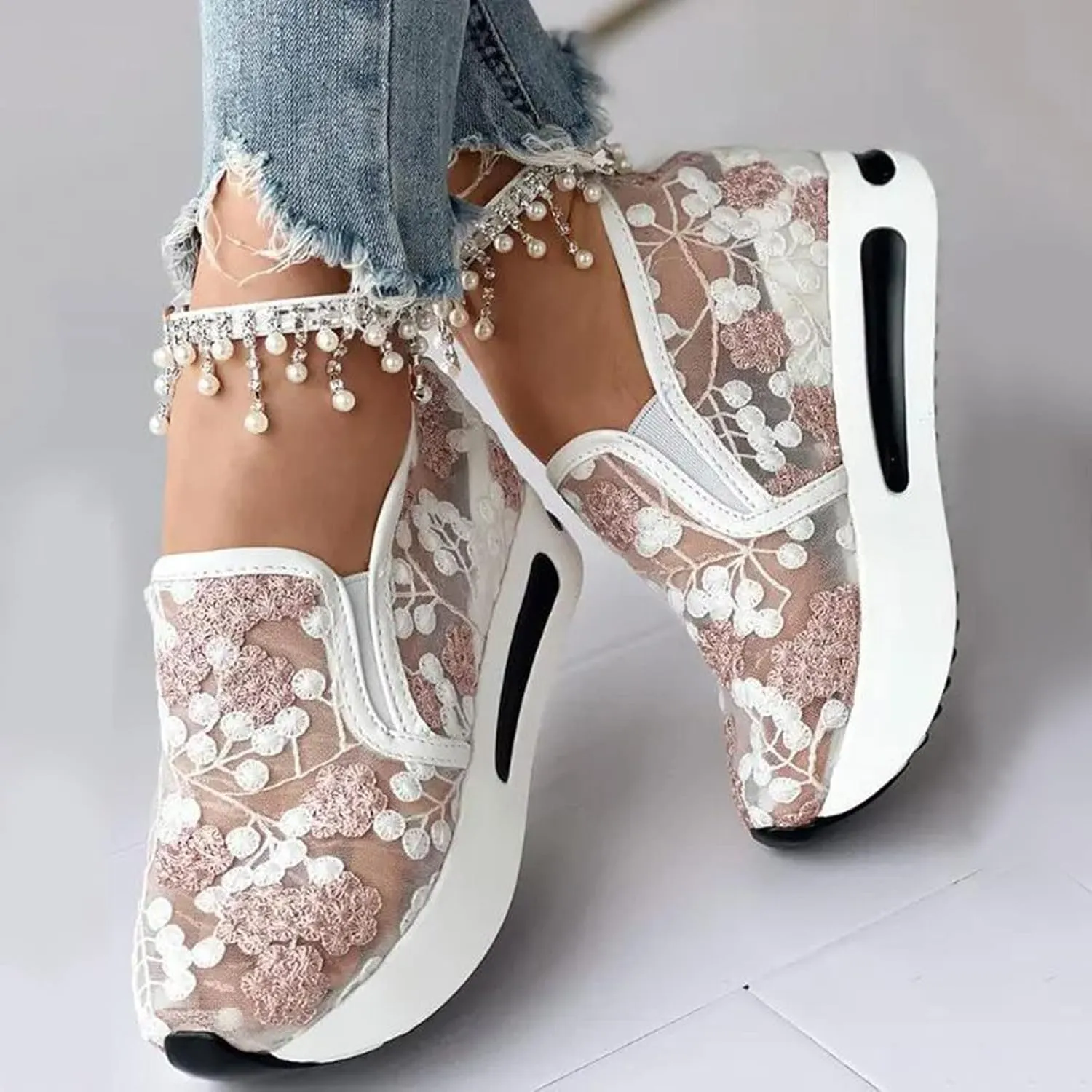 Women's Fashion Sneakers Mesh Floral Embroidery Platform Sneakers for Women 2024 Breathable Walking Shoes Comfortable Casual Wedge Slip On Work Shoes