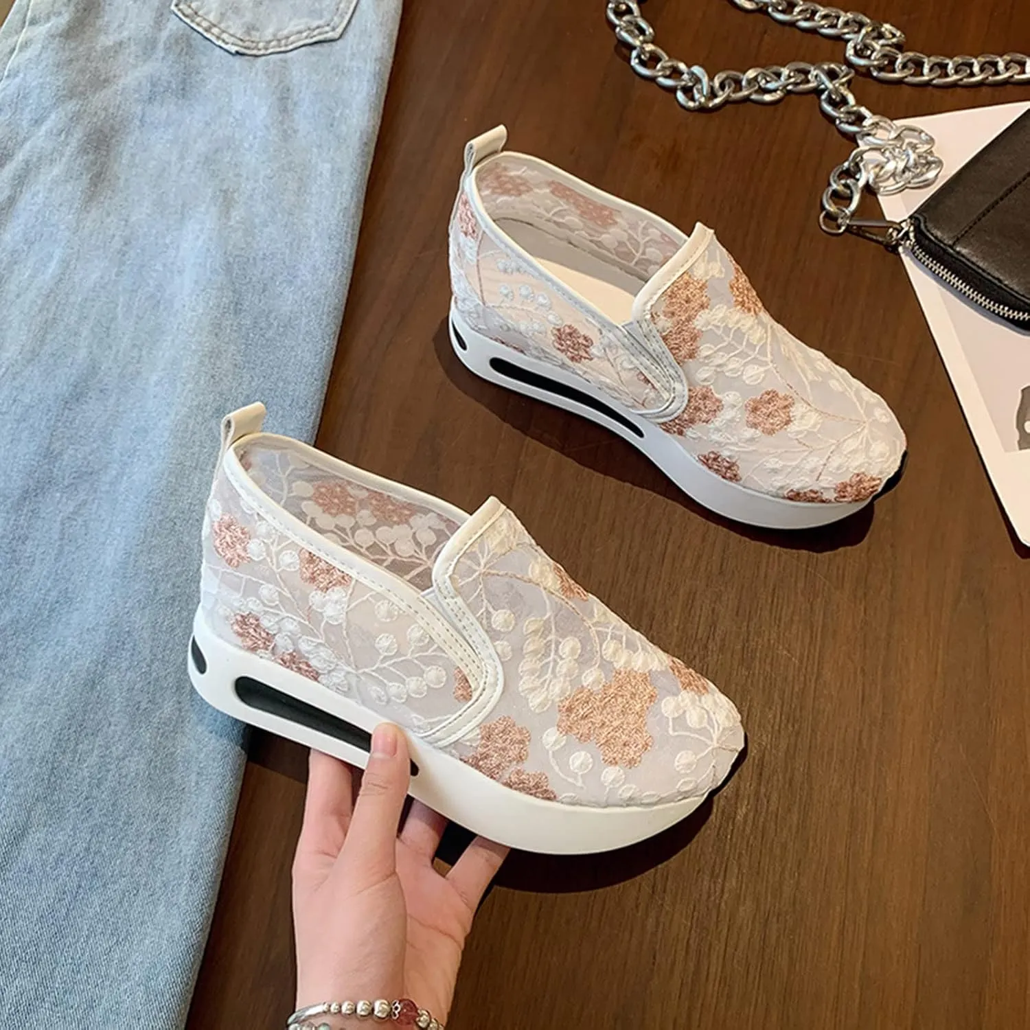 Women's Fashion Sneakers Mesh Floral Embroidery Platform Sneakers for Women 2024 Breathable Walking Shoes Comfortable Casual Wedge Slip On Work Shoes