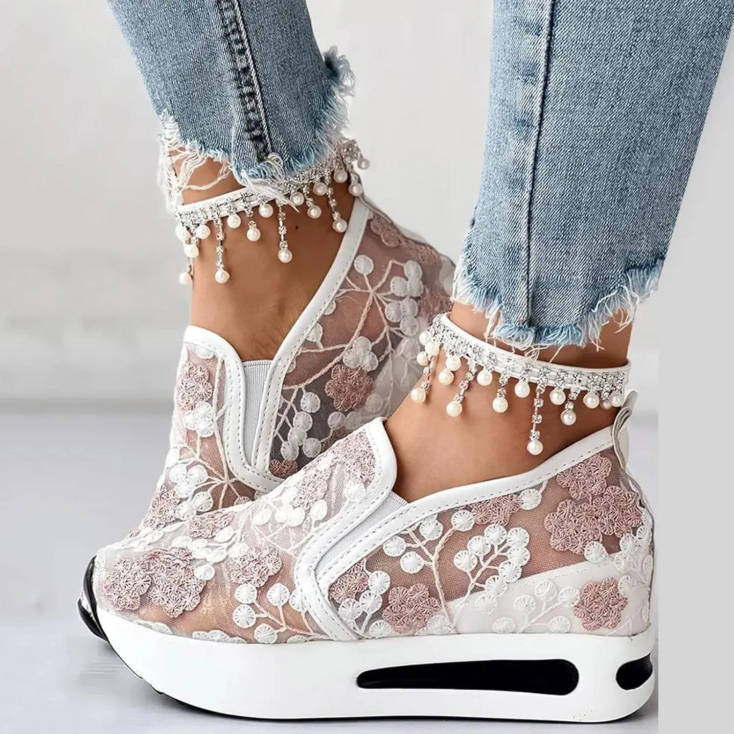 Women's Fashion Sneakers Mesh Floral Embroidery Platform Sneakers for Women 2024 Breathable Walking Shoes Comfortable Casual Wedge Slip On Work Shoes
