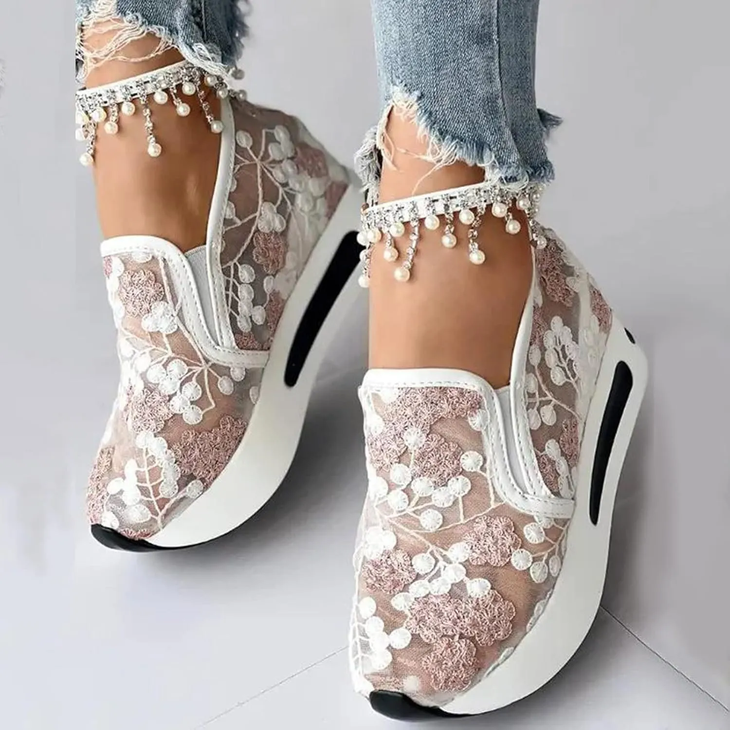 Women's Fashion Sneakers Mesh Floral Embroidery Platform Sneakers for Women 2024 Breathable Walking Shoes Comfortable Casual Wedge Slip On Work Shoes