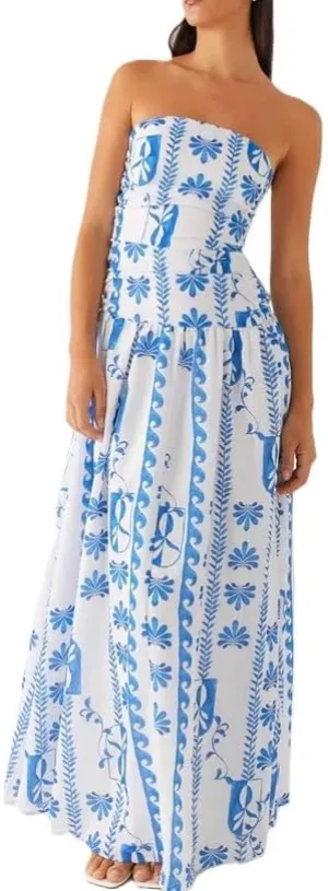 Women's Gingham Wrap Backless Maxi Dress Ruched Strapless Tube Top Bodycon Dresses Summer Beach Dress