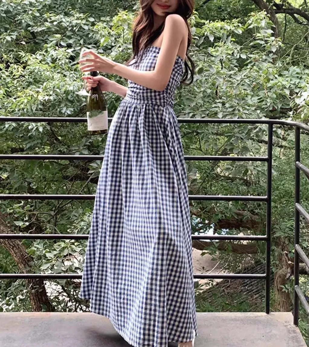 Women's Gingham Wrap Backless Maxi Dress Ruched Strapless Tube Top Bodycon Dresses Summer Beach Dress