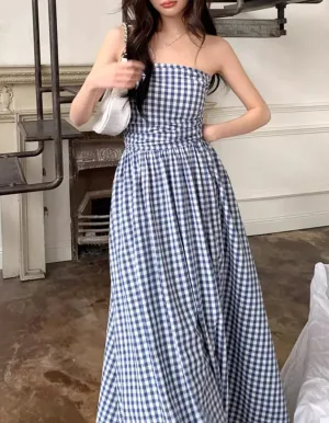 Women's Gingham Wrap Backless Maxi Dress Ruched Strapless Tube Top Bodycon Dresses Summer Beach Dress