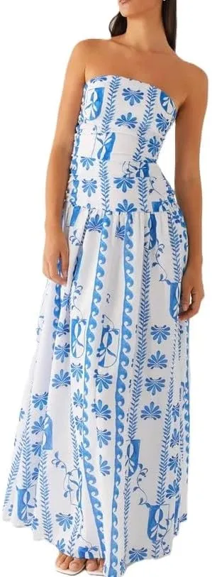 Women's Gingham Wrap Backless Maxi Dress Ruched Strapless Tube Top Bodycon Dresses Summer Beach Dress