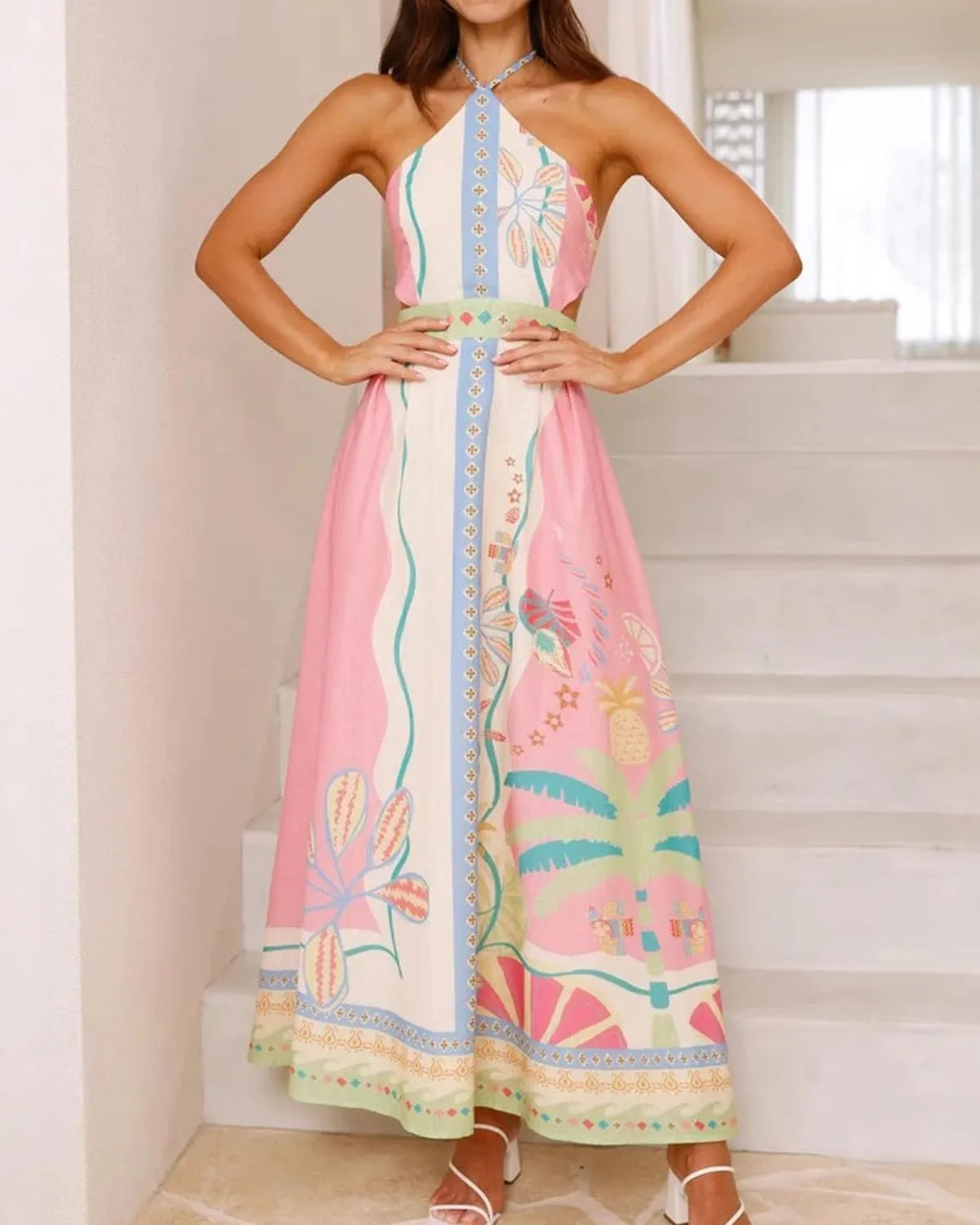 Women's Graphic Boho Halter Dress Sleeveless Straps Backless Tie Back Maxi Dress Summer Beach Flowy A Line Dresses