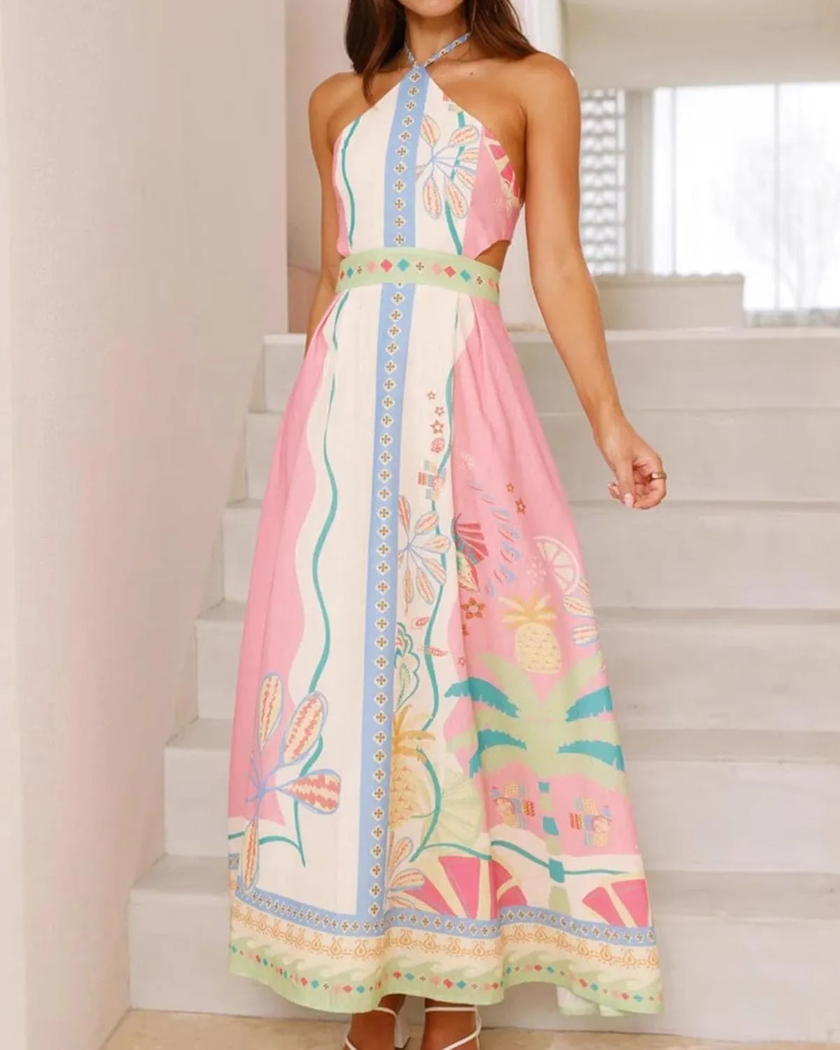 Women's Graphic Boho Halter Dress Sleeveless Straps Backless Tie Back Maxi Dress Summer Beach Flowy A Line Dresses