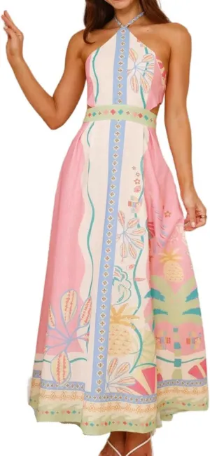 Women's Graphic Boho Halter Dress Sleeveless Straps Backless Tie Back Maxi Dress Summer Beach Flowy A Line Dresses