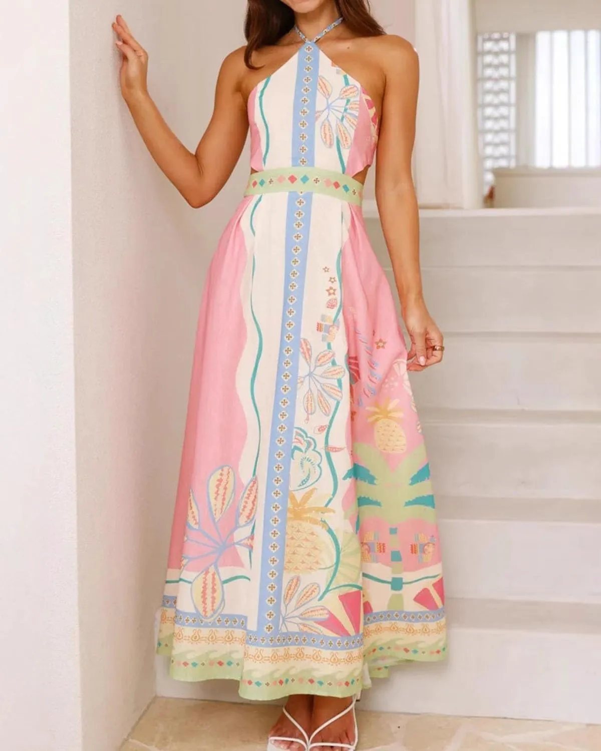 Women's Graphic Boho Halter Dress Sleeveless Straps Backless Tie Back Maxi Dress Summer Beach Flowy A Line Dresses
