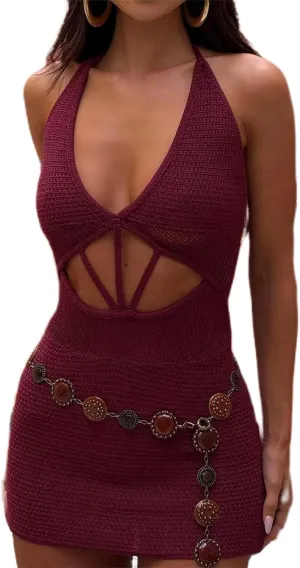 Women's Halter Bodycon Mini Dress Sleeveless Tie Backless Hollow Out Corset Knit Wrap Beach Dress Summer 2025