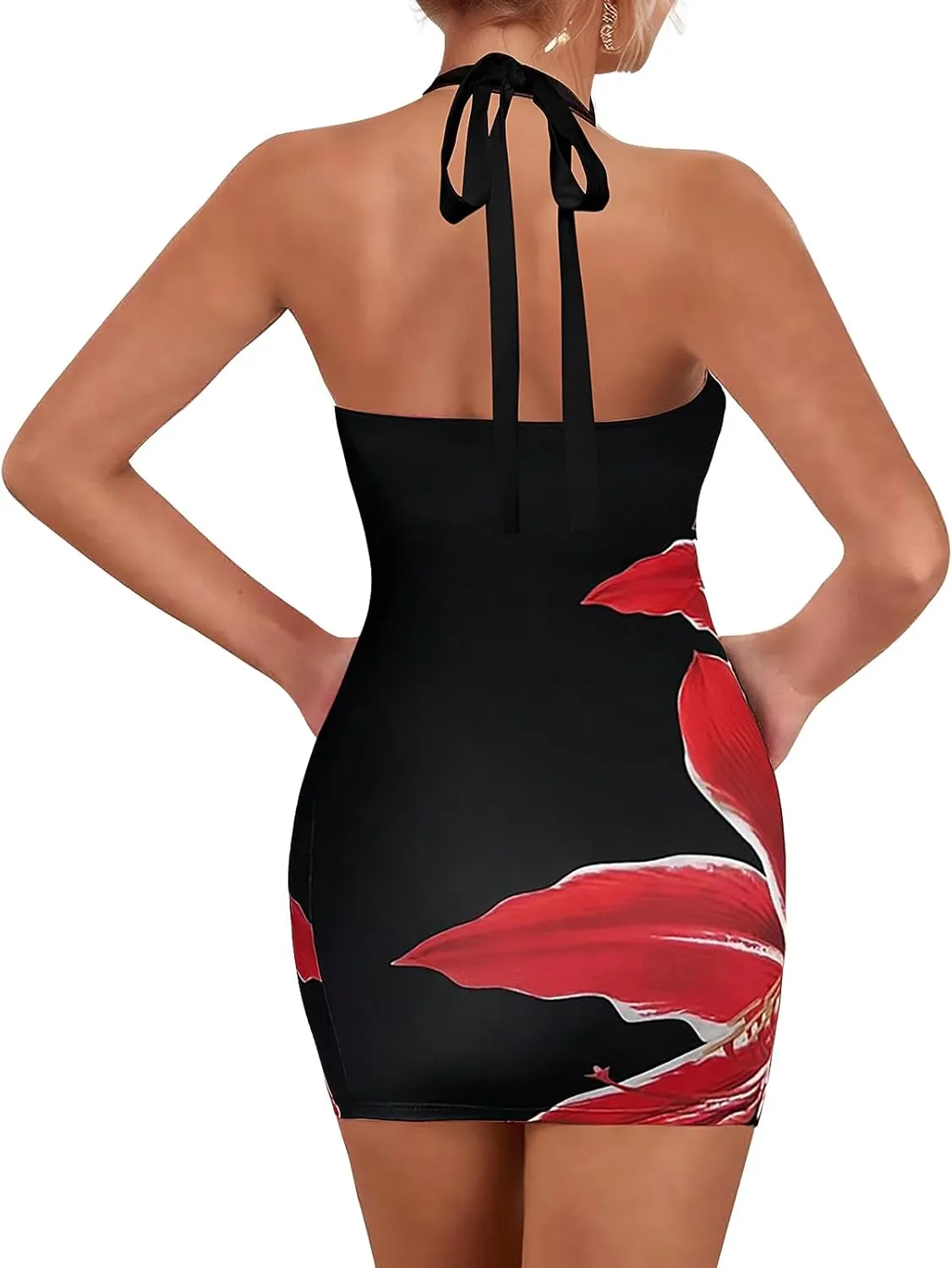 Women's Halter Mini Dress Summer Sexy Floral Print Backless Bodycon Short Dress Tie Back Party Casual Going Out Clothes