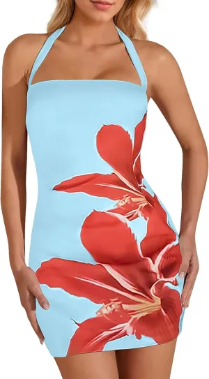 Women's Halter Mini Dress Summer Sexy Floral Print Backless Bodycon Short Dress Tie Back Party Casual Going Out Clothes