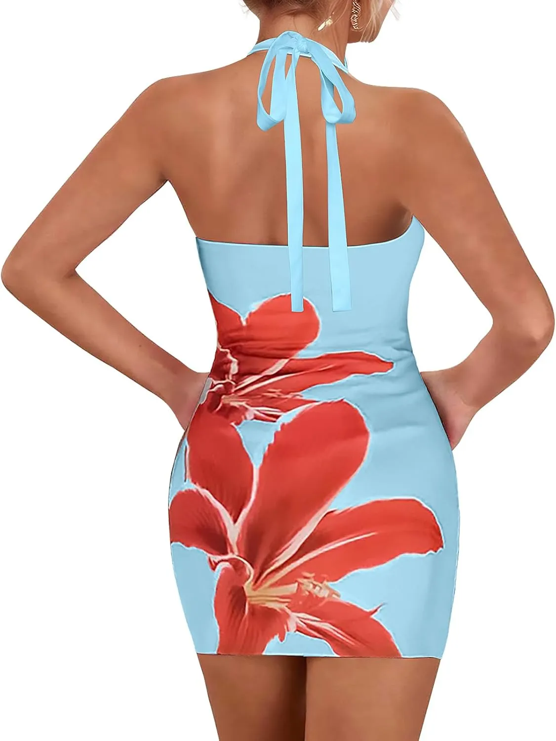 Women's Halter Mini Dress Summer Sexy Floral Print Backless Bodycon Short Dress Tie Back Party Casual Going Out Clothes