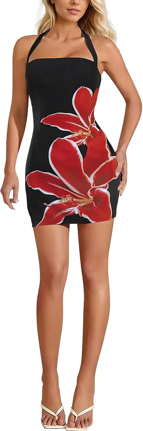 Women's Halter Mini Dress Summer Sexy Floral Print Backless Bodycon Short Dress Tie Back Party Casual Going Out Clothes