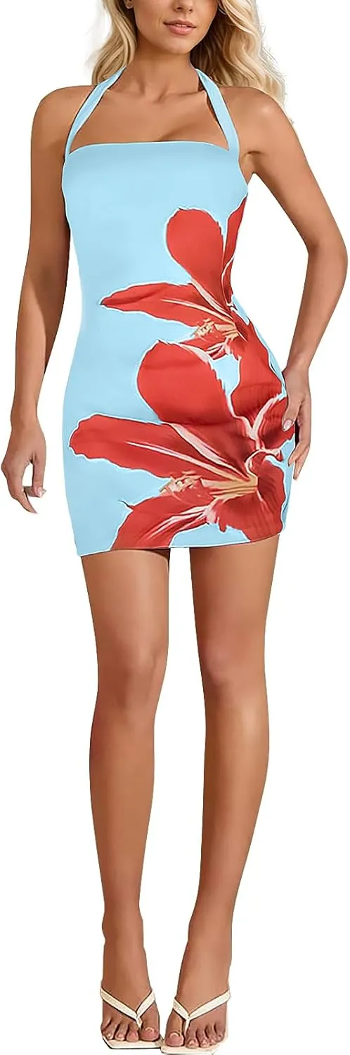 Women's Halter Mini Dress Summer Sexy Floral Print Backless Bodycon Short Dress Tie Back Party Casual Going Out Clothes