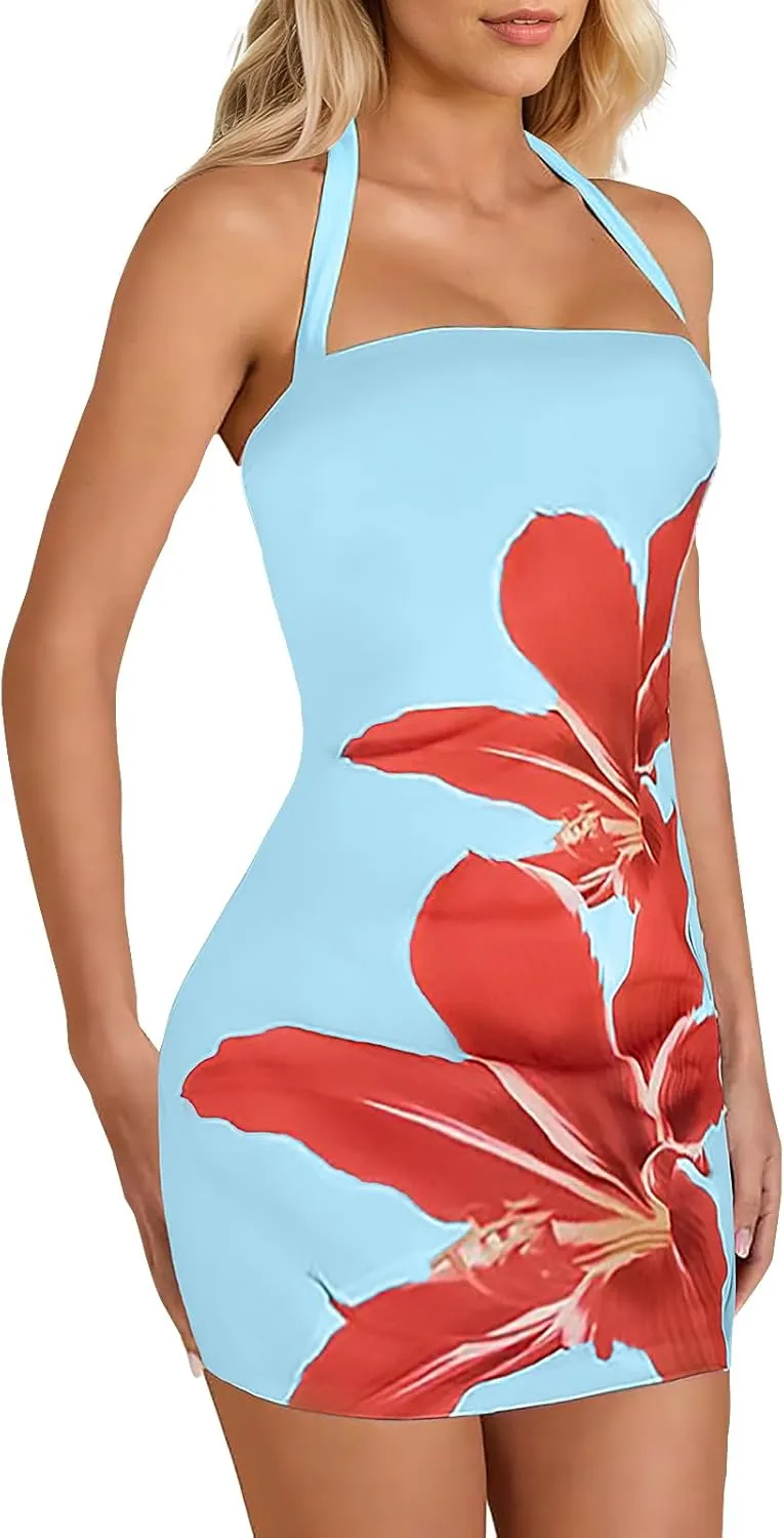 Women's Halter Mini Dress Summer Sexy Floral Print Backless Bodycon Short Dress Tie Back Party Casual Going Out Clothes
