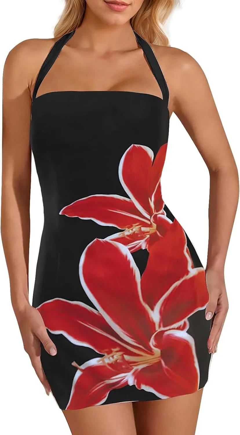 Women's Halter Mini Dress Summer Sexy Floral Print Backless Bodycon Short Dress Tie Back Party Casual Going Out Clothes