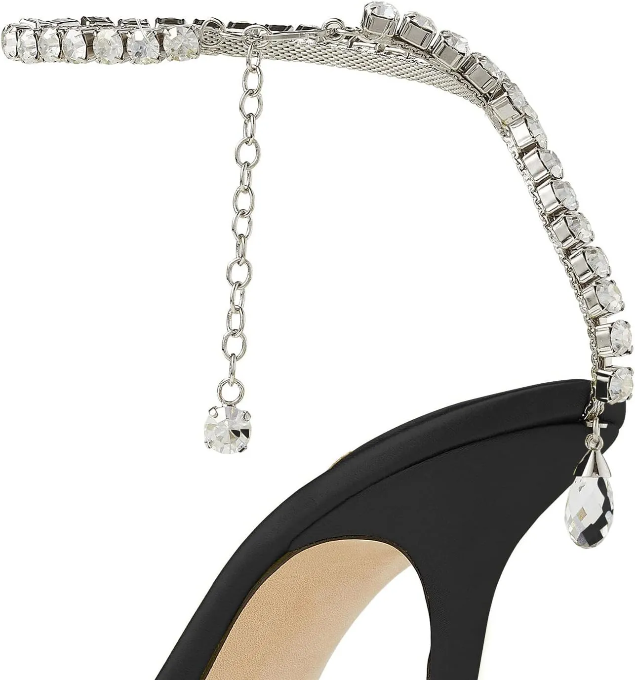 Women's Heeled Sandals Crystal Chain Rhinestone Embellished Strap Pumps Pointy Stilettos Backless Wedding Dressy Bridal Shoes