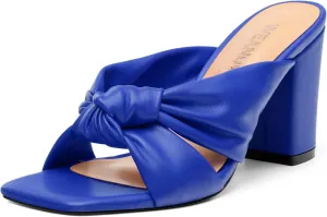 Women's High Heeled Square Toe Slip On Sandals, Puffy Knot Chunky Heel Open Toe Sandals for women, Summer Party Prom Shoes