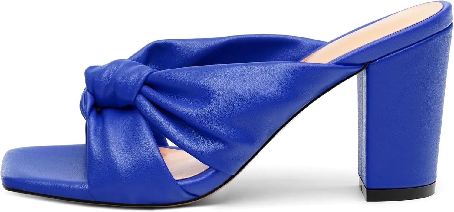 Women's High Heeled Square Toe Slip On Sandals, Puffy Knot Chunky Heel Open Toe Sandals for women, Summer Party Prom Shoes