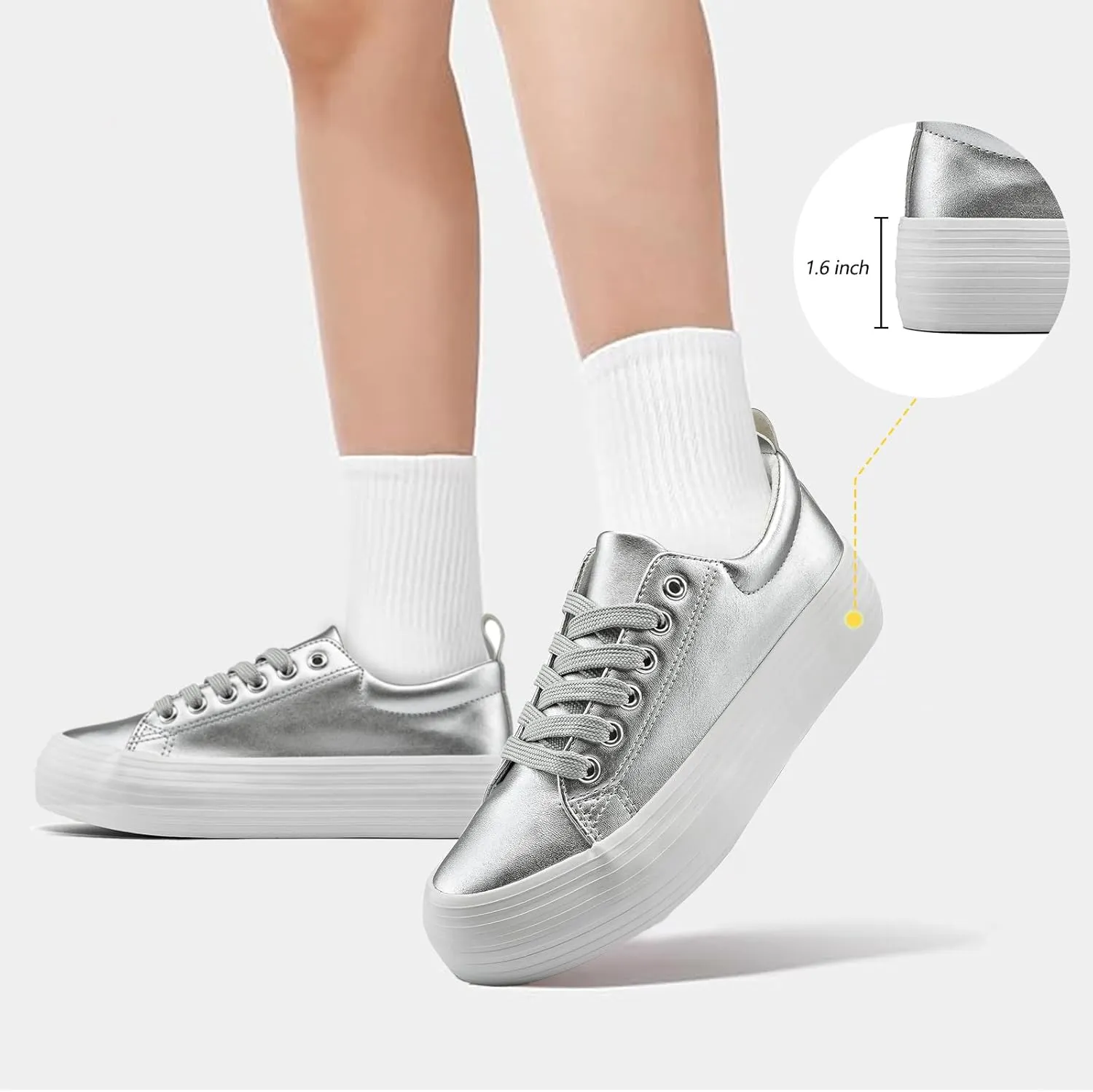 Women's High Platform Fashion Sneakers, White, Breathable, Lace Up, Tennis Shoes, Comfortable, Casual