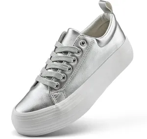 Women's High Platform Fashion Sneakers, White, Breathable, Lace Up, Tennis Shoes, Comfortable, Casual