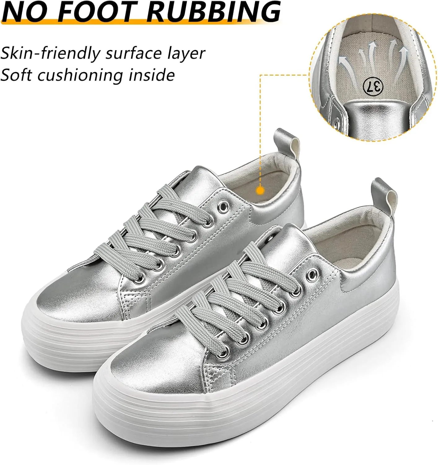 Women's High Platform Fashion Sneakers, White, Breathable, Lace Up, Tennis Shoes, Comfortable, Casual