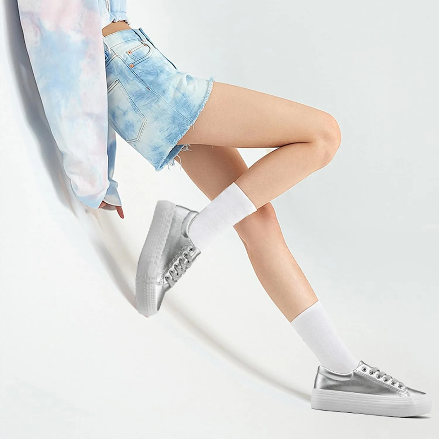 Women's High Platform Fashion Sneakers, White, Breathable, Lace Up, Tennis Shoes, Comfortable, Casual