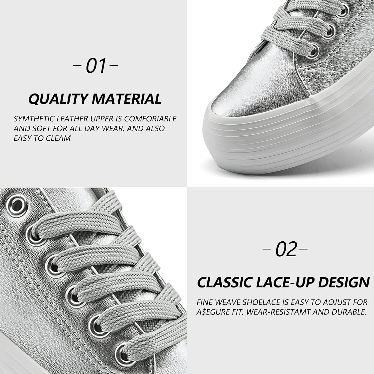 Women's High Platform Fashion Sneakers, White, Breathable, Lace Up, Tennis Shoes, Comfortable, Casual