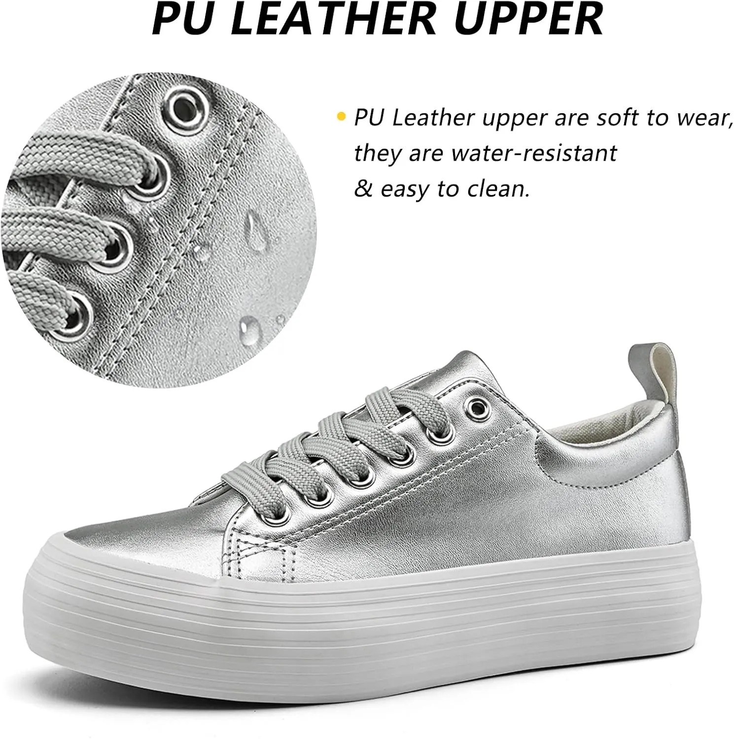 Women's High Platform Fashion Sneakers, White, Breathable, Lace Up, Tennis Shoes, Comfortable, Casual