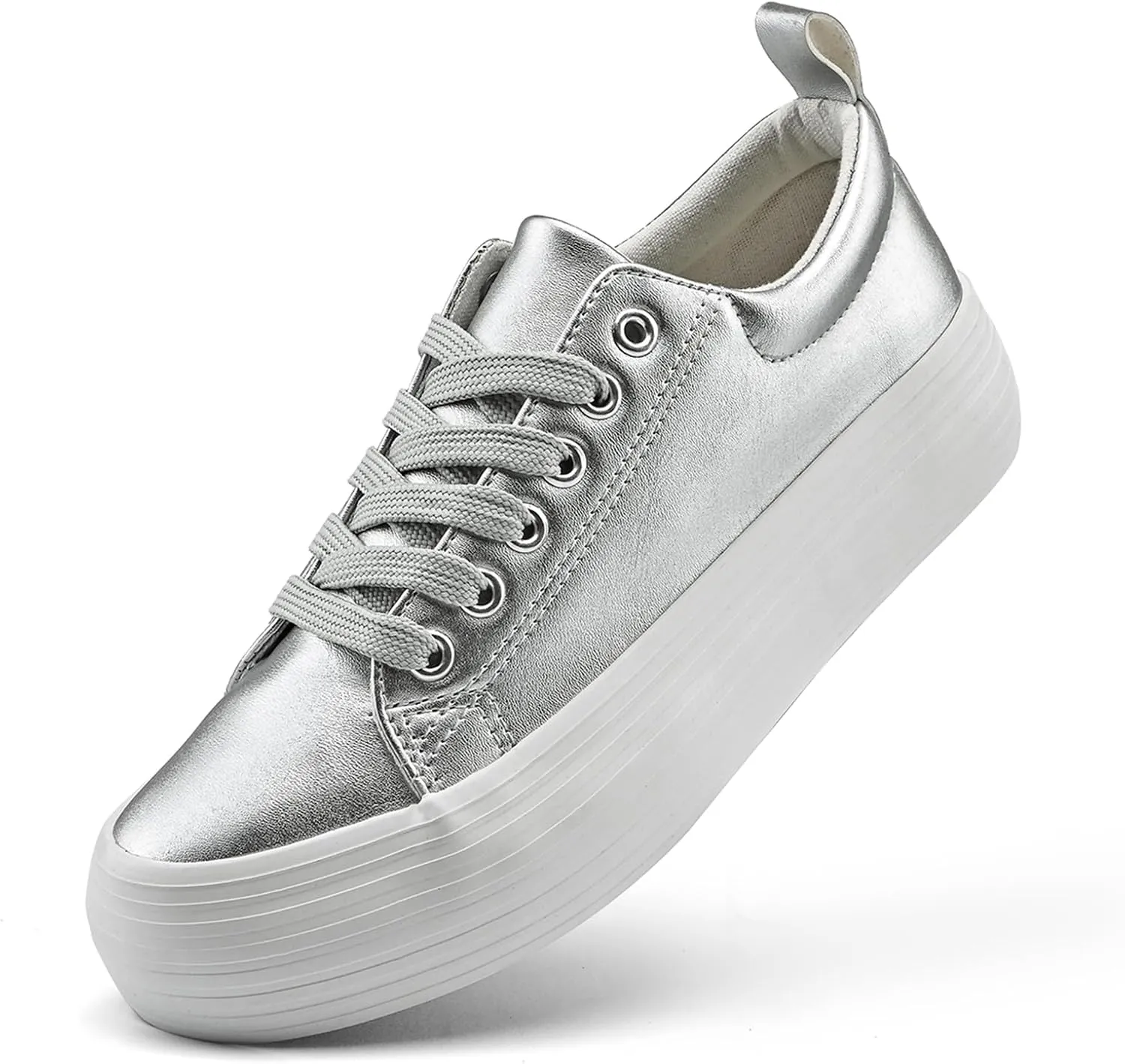 Women's High Platform Fashion Sneakers, White, Breathable, Lace Up, Tennis Shoes, Comfortable, Casual