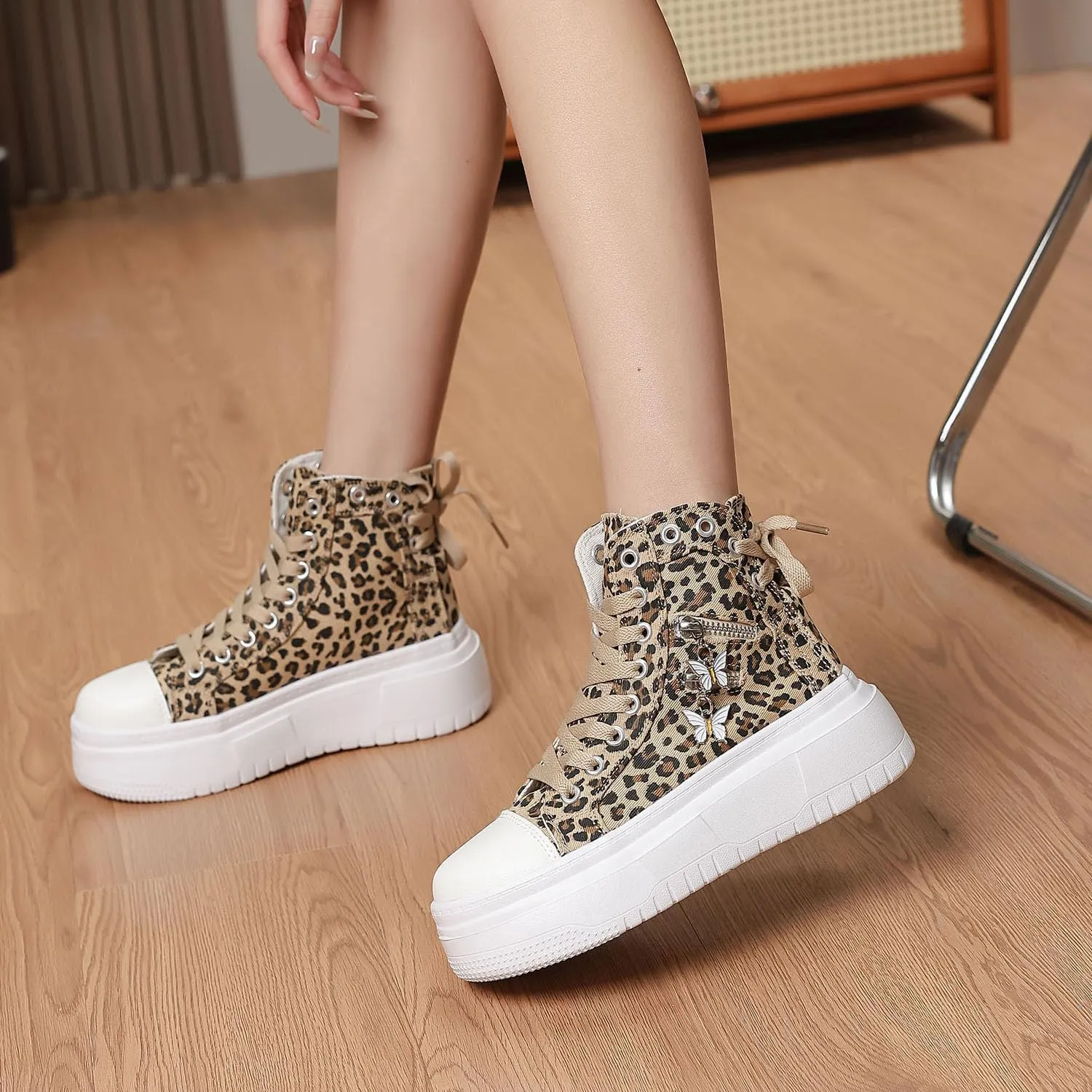 Womens High Top Sneakers Platform Metal Zipper Canvas Shoes Casual Lace up Sneakers