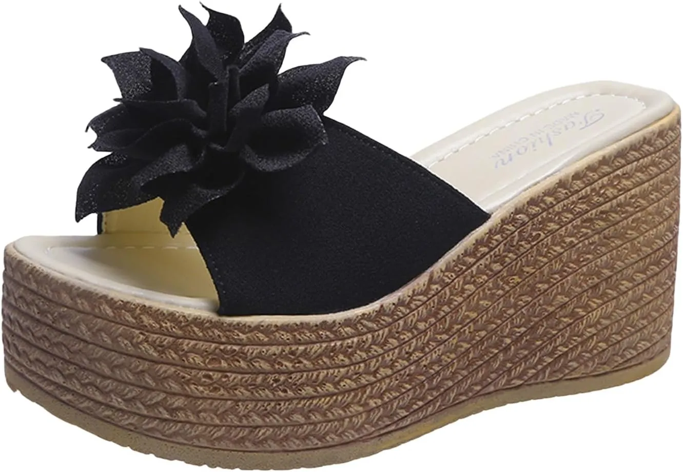 Womens High Wedge Platform Slip on Sandals Open Toe Fashion Flower Shoes Outdoor Elegant Comfortable Slippers Fish Mouth Arch Support Breathable Beach Sandals