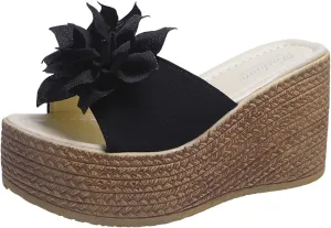 Womens High Wedge Platform Slip on Sandals Open Toe Fashion Flower Shoes Outdoor Elegant Comfortable Slippers Fish Mouth Arch Support Breathable Beach Sandals