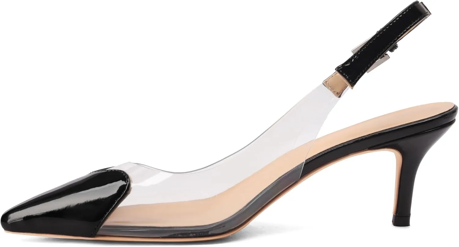 Women's Kitten Heel Transparent Slingback Pumps Pointed Toe Clear PVC Slip On Backless Cap Toe Cute Heart Mid Heel Patent Leather Elegant Sexy Slingbacks Heels