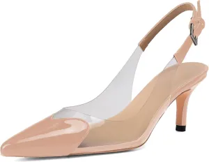 Women's Kitten Heel Transparent Slingback Pumps Pointed Toe Clear PVC Slip On Backless Cap Toe Cute Heart Mid Heel Patent Leather Elegant Sexy Slingbacks Heels