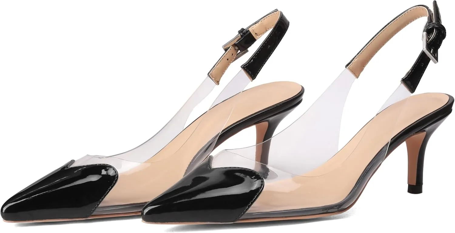 Women's Kitten Heel Transparent Slingback Pumps Pointed Toe Clear PVC Slip On Backless Cap Toe Cute Heart Mid Heel Patent Leather Elegant Sexy Slingbacks Heels