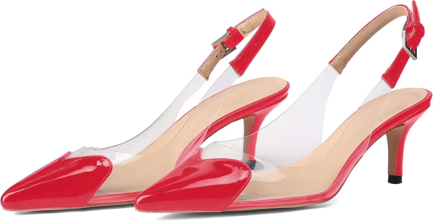 Women's Kitten Heel Transparent Slingback Pumps Pointed Toe Clear PVC Slip On Backless Cap Toe Cute Heart Mid Heel Patent Leather Elegant Sexy Slingbacks Heels