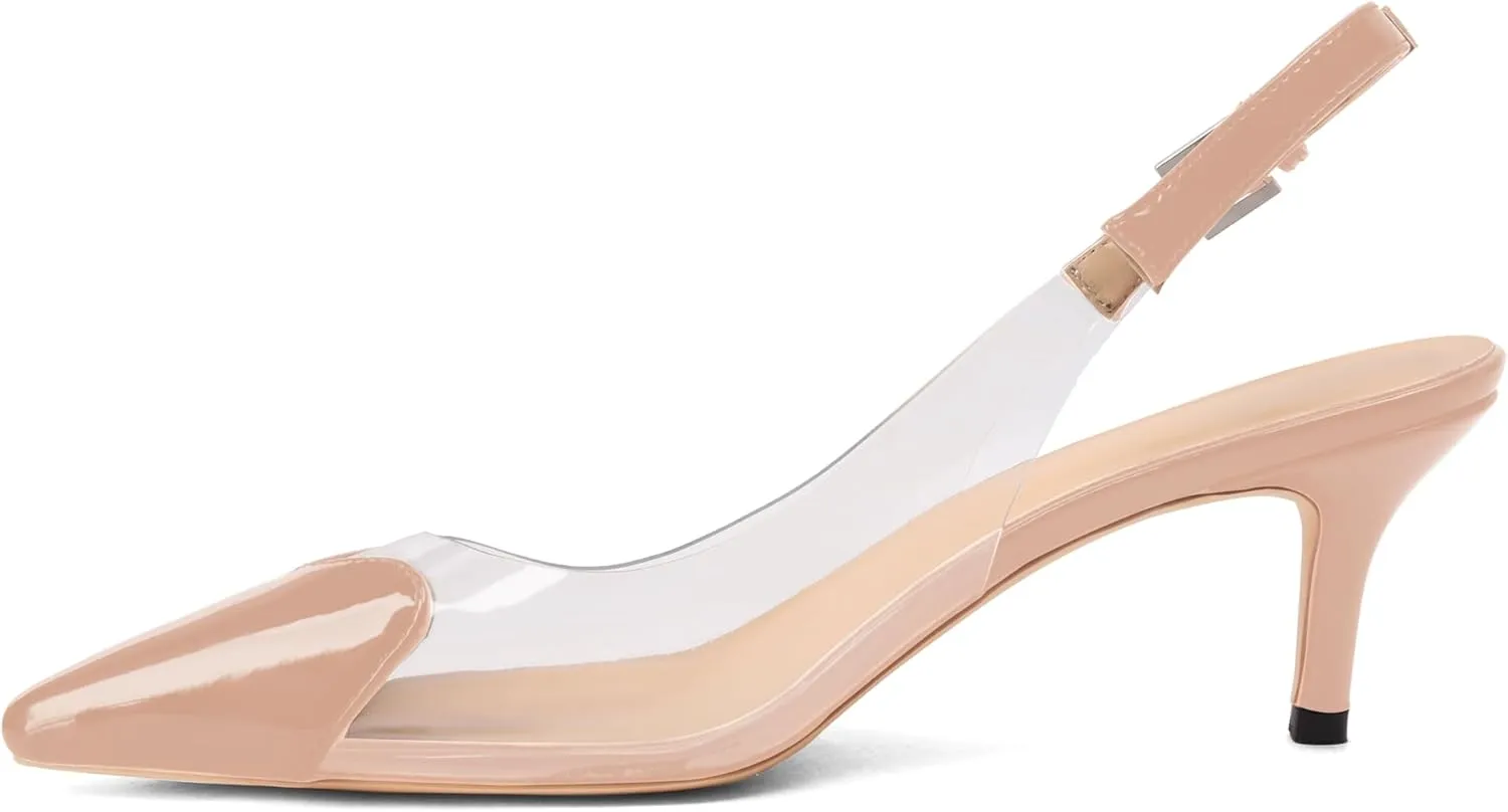 Women's Kitten Heel Transparent Slingback Pumps Pointed Toe Clear PVC Slip On Backless Cap Toe Cute Heart Mid Heel Patent Leather Elegant Sexy Slingbacks Heels