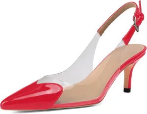 Women's Kitten Heel Transparent Slingback Pumps Pointed Toe Clear PVC Slip On Backless Cap Toe Cute Heart Mid Heel Patent Leather Elegant Sexy Slingbacks Heels