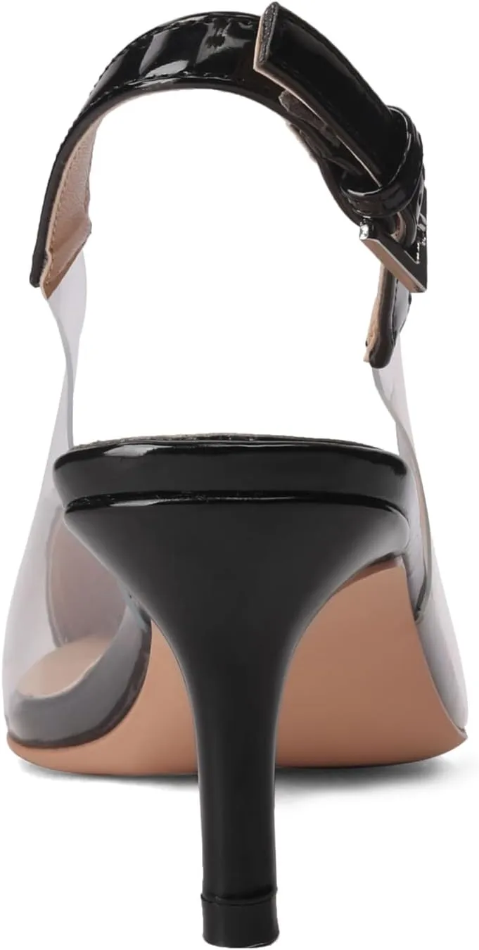 Women's Kitten Heel Transparent Slingback Pumps Pointed Toe Clear PVC Slip On Backless Cap Toe Cute Heart Mid Heel Patent Leather Elegant Sexy Slingbacks Heels