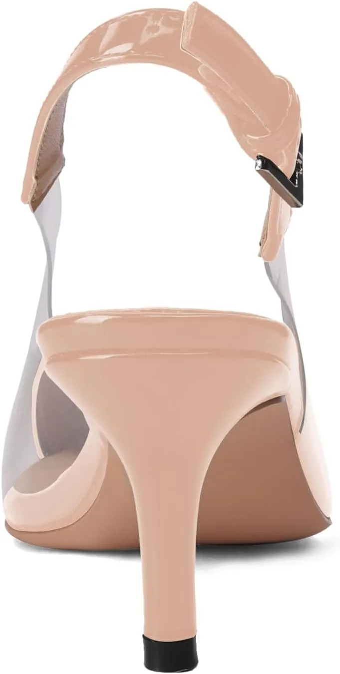 Women's Kitten Heel Transparent Slingback Pumps Pointed Toe Clear PVC Slip On Backless Cap Toe Cute Heart Mid Heel Patent Leather Elegant Sexy Slingbacks Heels