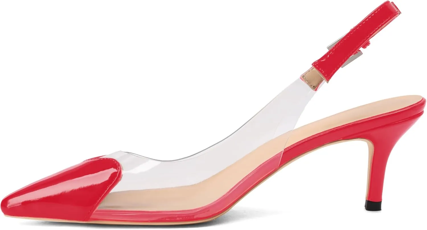 Women's Kitten Heel Transparent Slingback Pumps Pointed Toe Clear PVC Slip On Backless Cap Toe Cute Heart Mid Heel Patent Leather Elegant Sexy Slingbacks Heels