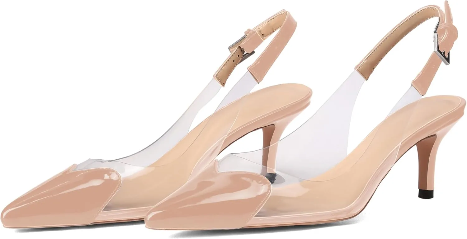 Women's Kitten Heel Transparent Slingback Pumps Pointed Toe Clear PVC Slip On Backless Cap Toe Cute Heart Mid Heel Patent Leather Elegant Sexy Slingbacks Heels