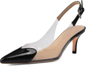 Women's Kitten Heel Transparent Slingback Pumps Pointed Toe Clear PVC Slip On Backless Cap Toe Cute Heart Mid Heel Patent Leather Elegant Sexy Slingbacks Heels