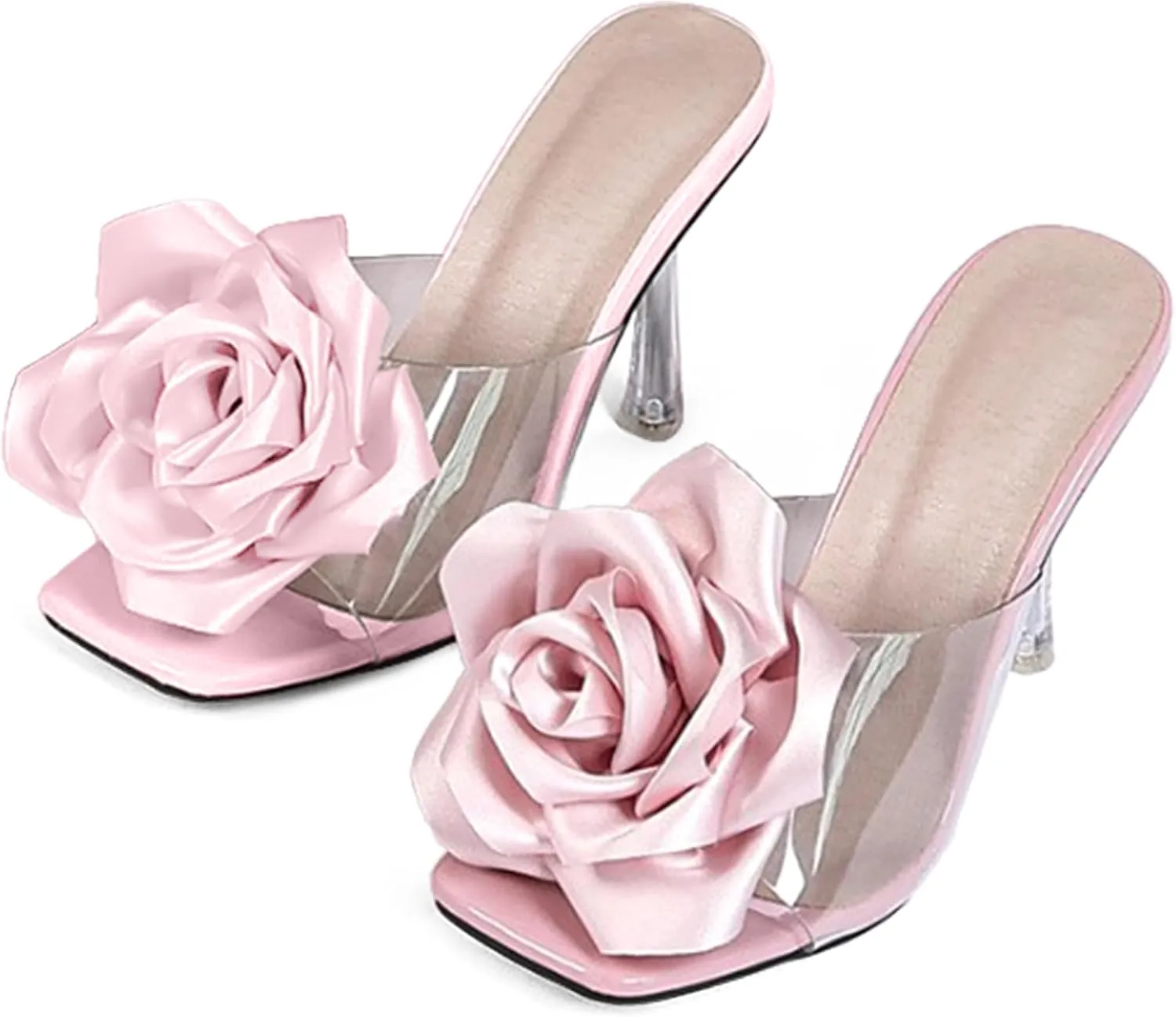 Women’s Kitten Heels Sandals Square Open Toe Mules Clear Slip On Flower Wedding Dress Shoes