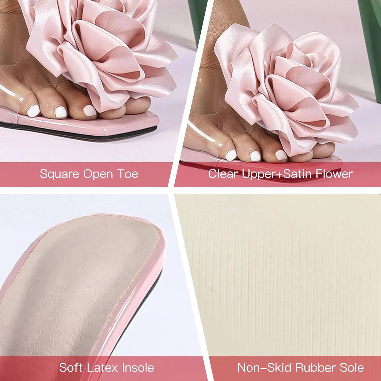 Women’s Kitten Heels Sandals Square Open Toe Mules Clear Slip On Flower Wedding Dress Shoes